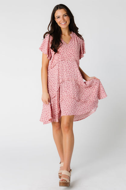 Modest pink print dress with short sleeves 