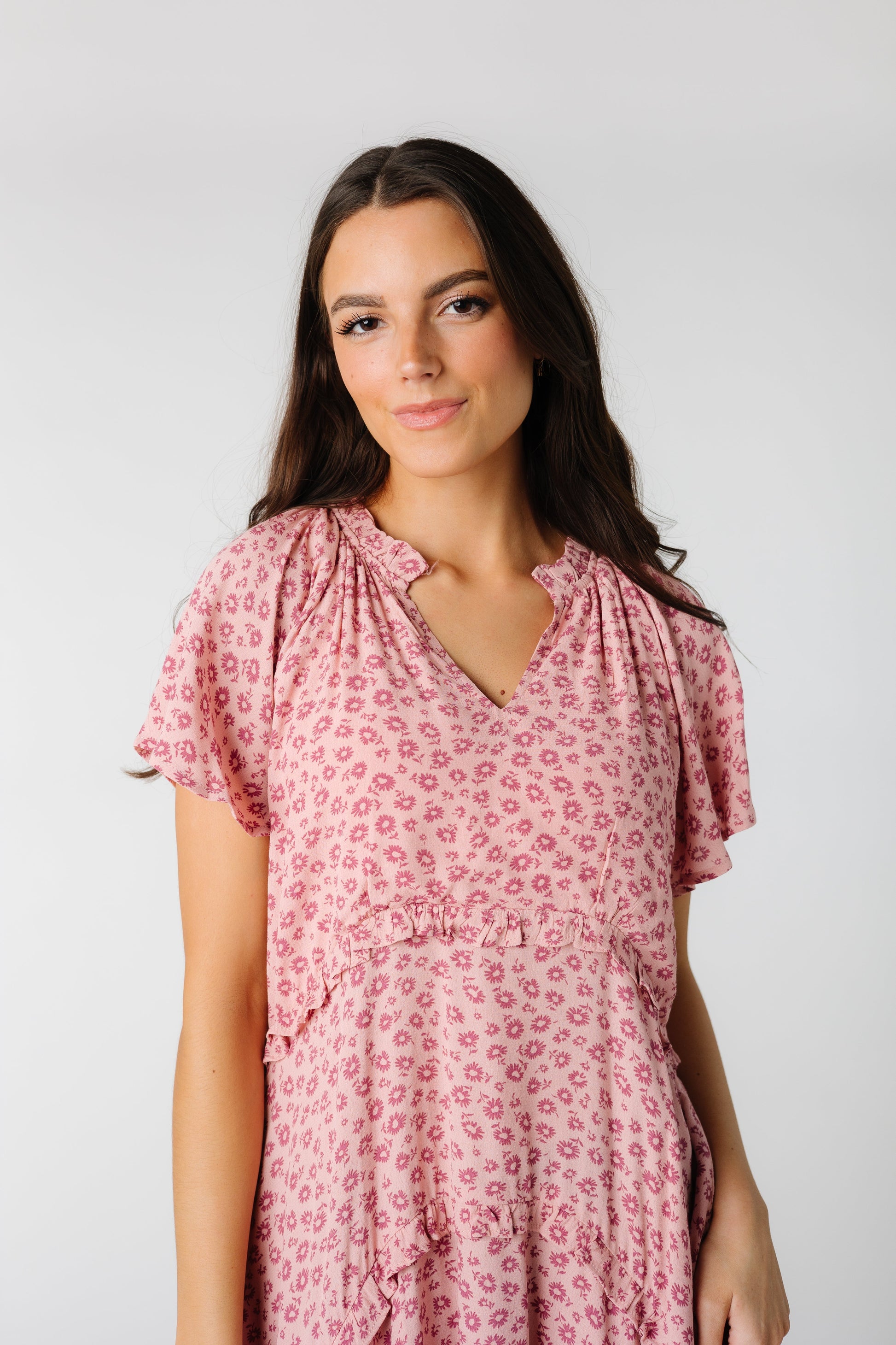 Modest print pink dress with short sleeves