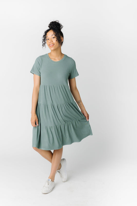 Brass & Roe Summer Ribbed Tiered Dress - Spring 2024 WOMEN'S DRESS Called to Surf Seafoam XS 