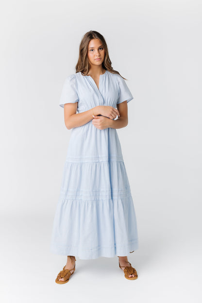 Modest lightweight midi dress with short sleeves and v-neckline