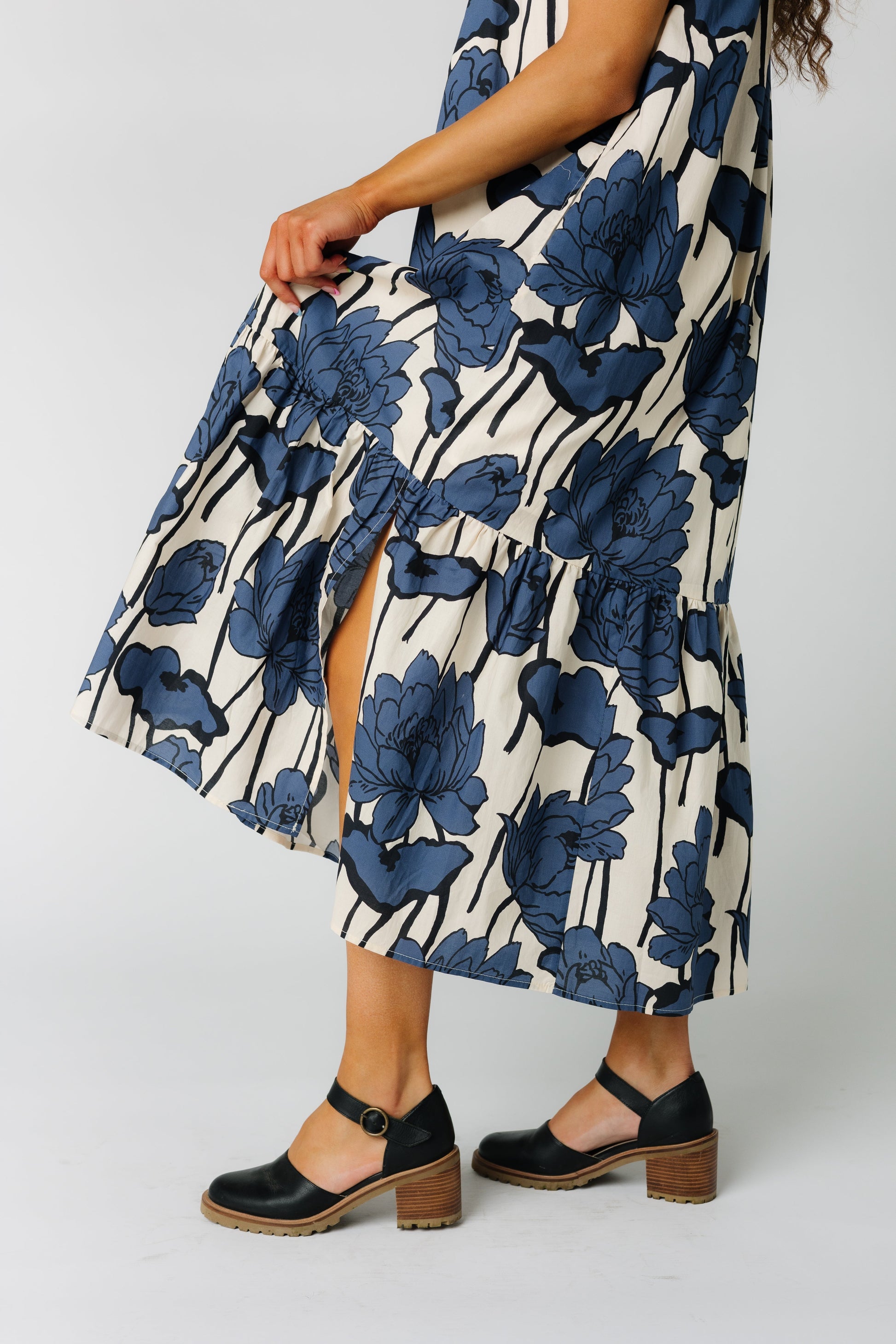 Blue midi skirt with wide bottom ruffle