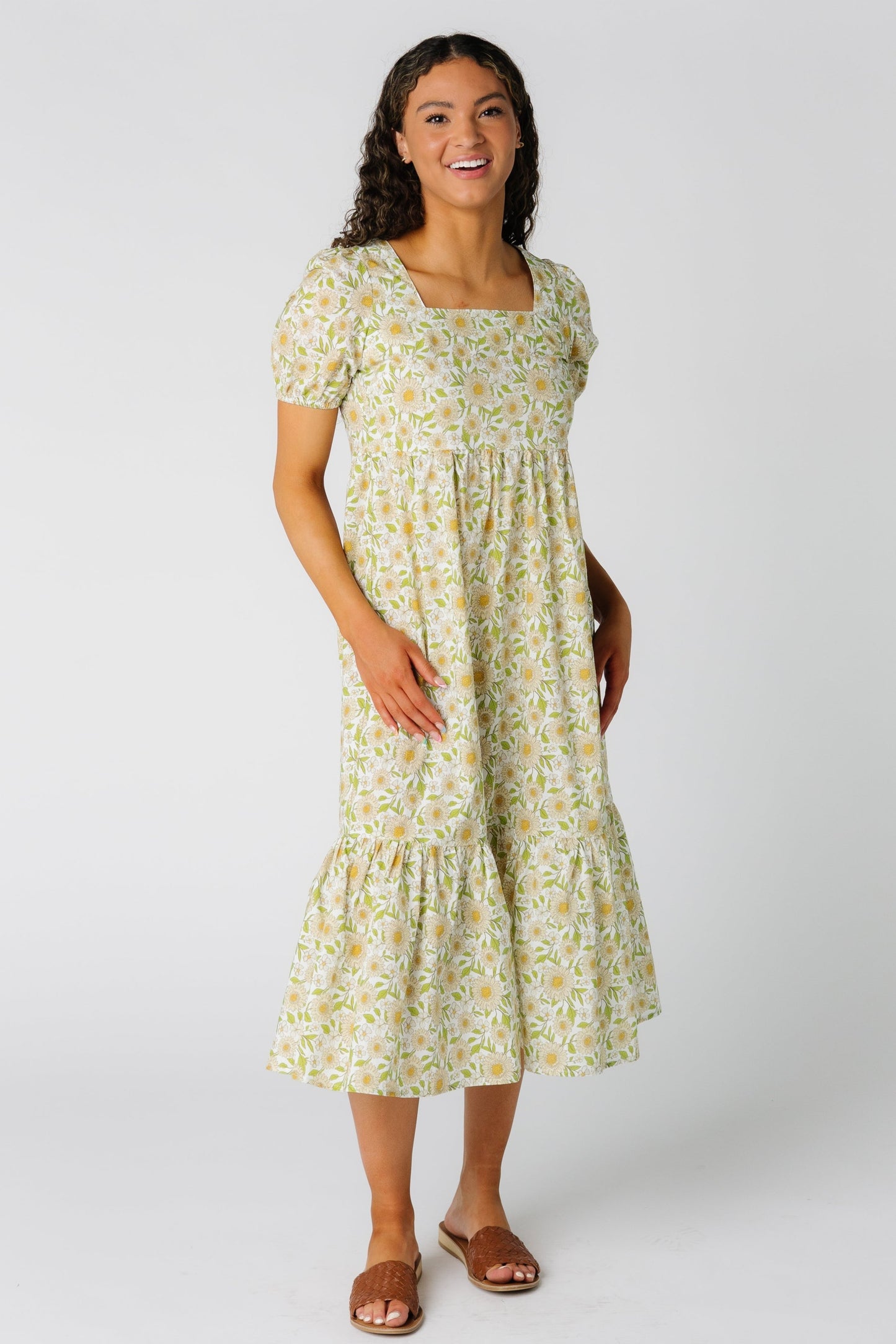 Yellow floral print midi with wide bottom ruffle