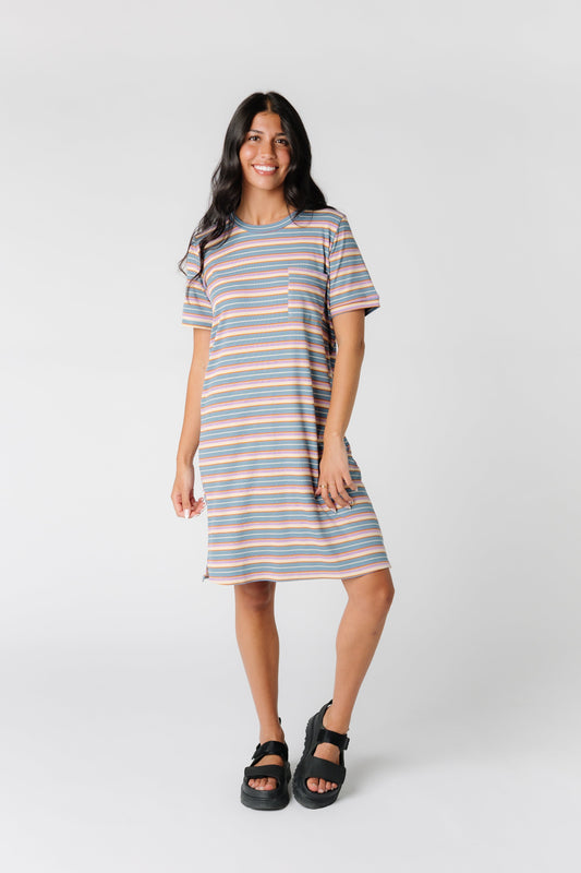 Brass & Roe Cozy T-Shirt Dress - Multi Color Stripe Modest casual dress