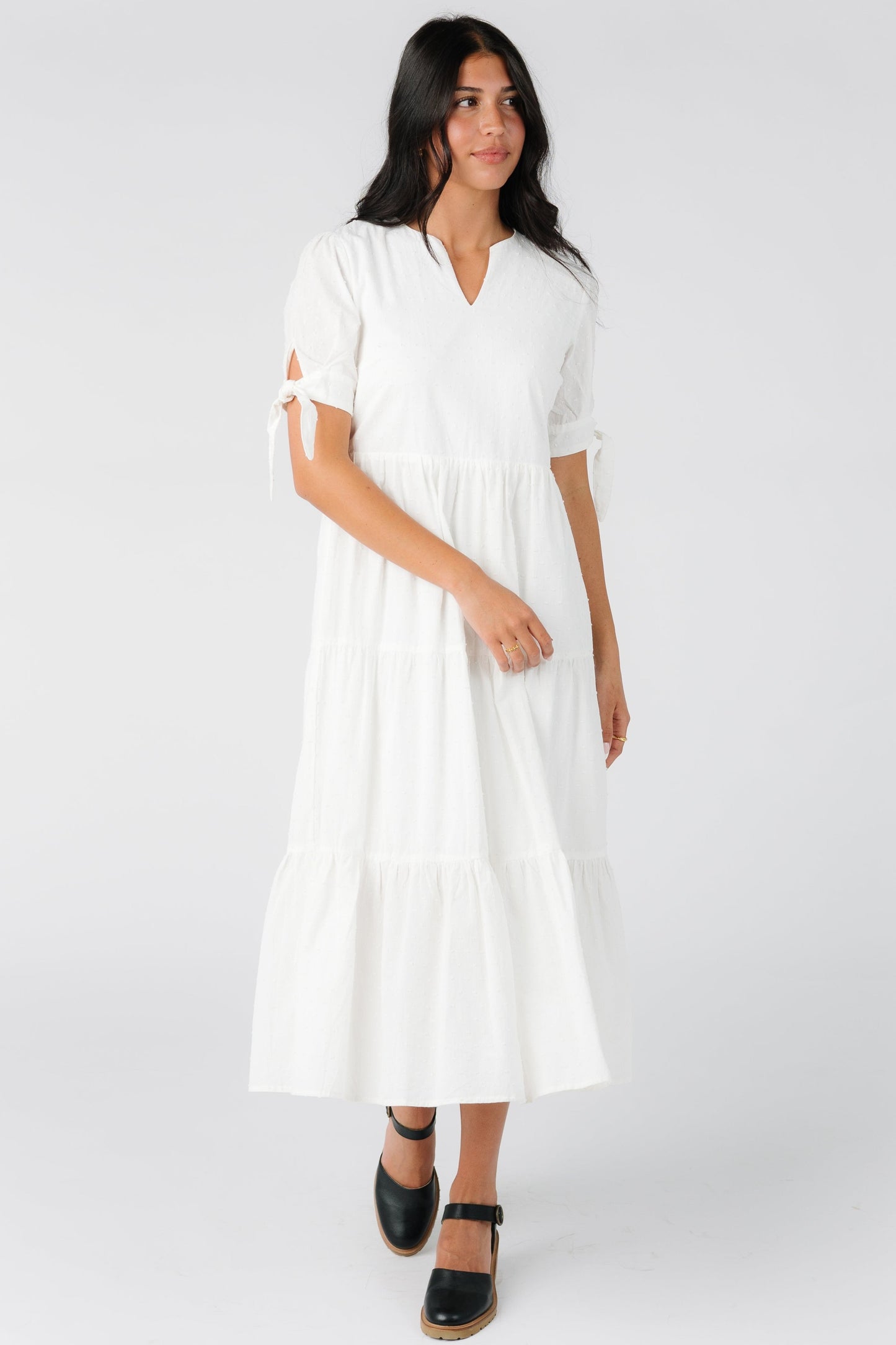 Brass and Roe modest textured midi dress in white