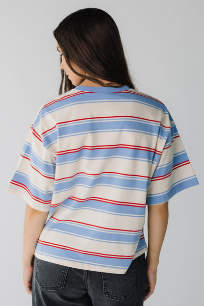 Back view of blue stripe tee