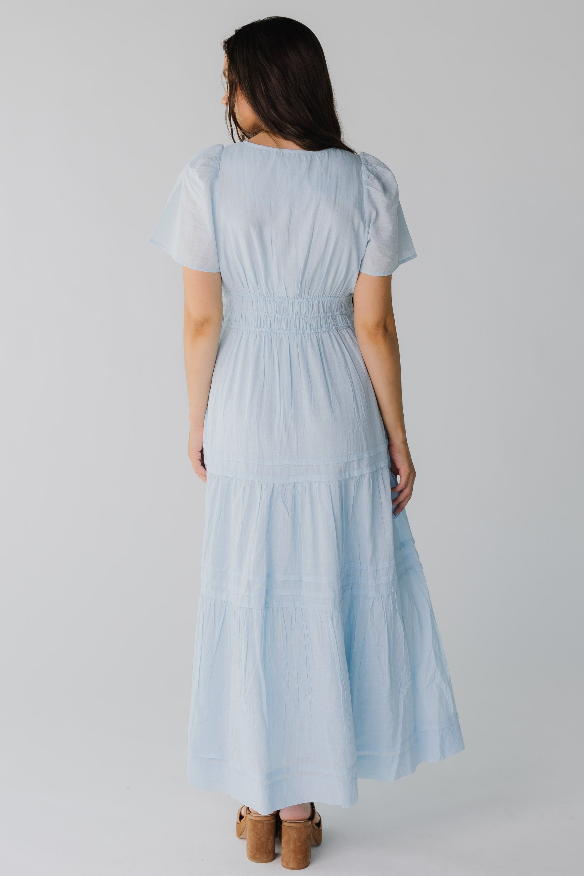 Back view of blight blue maxi dress