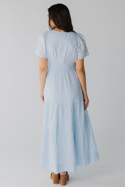 Back view of blight blue maxi dress