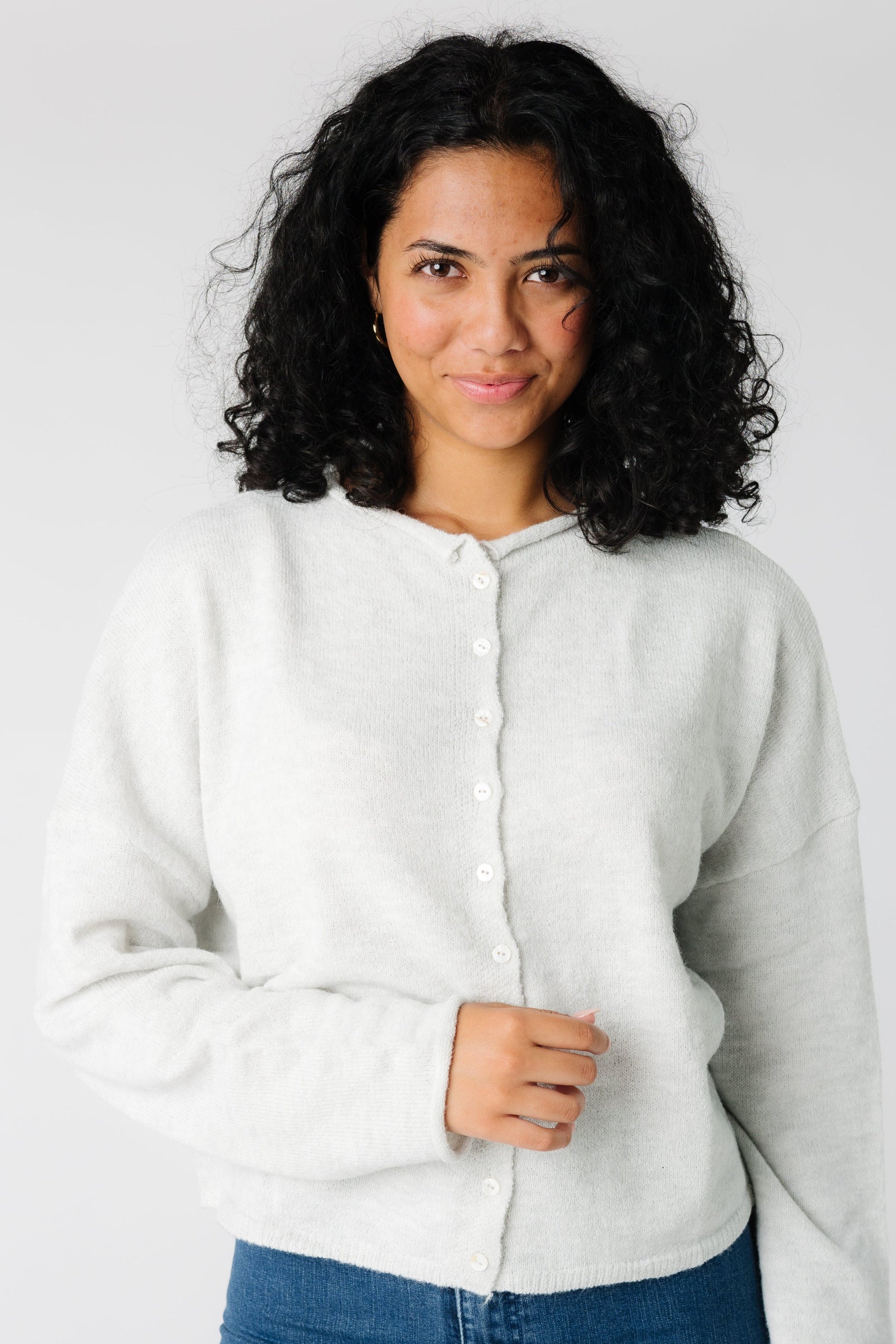 Modest women's light grey cardigan with long sleeves