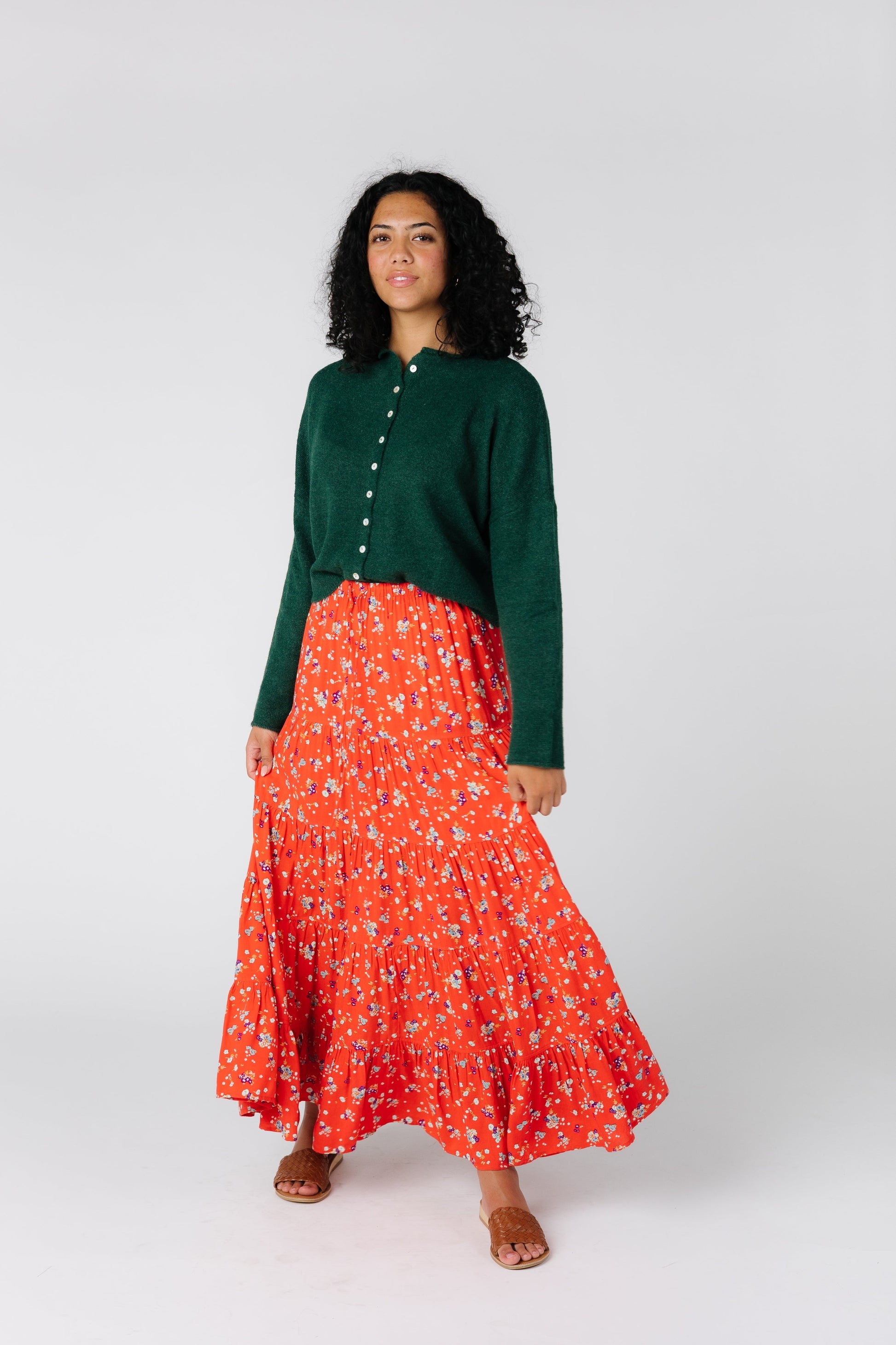 Coral midi floral tiered midi skirt