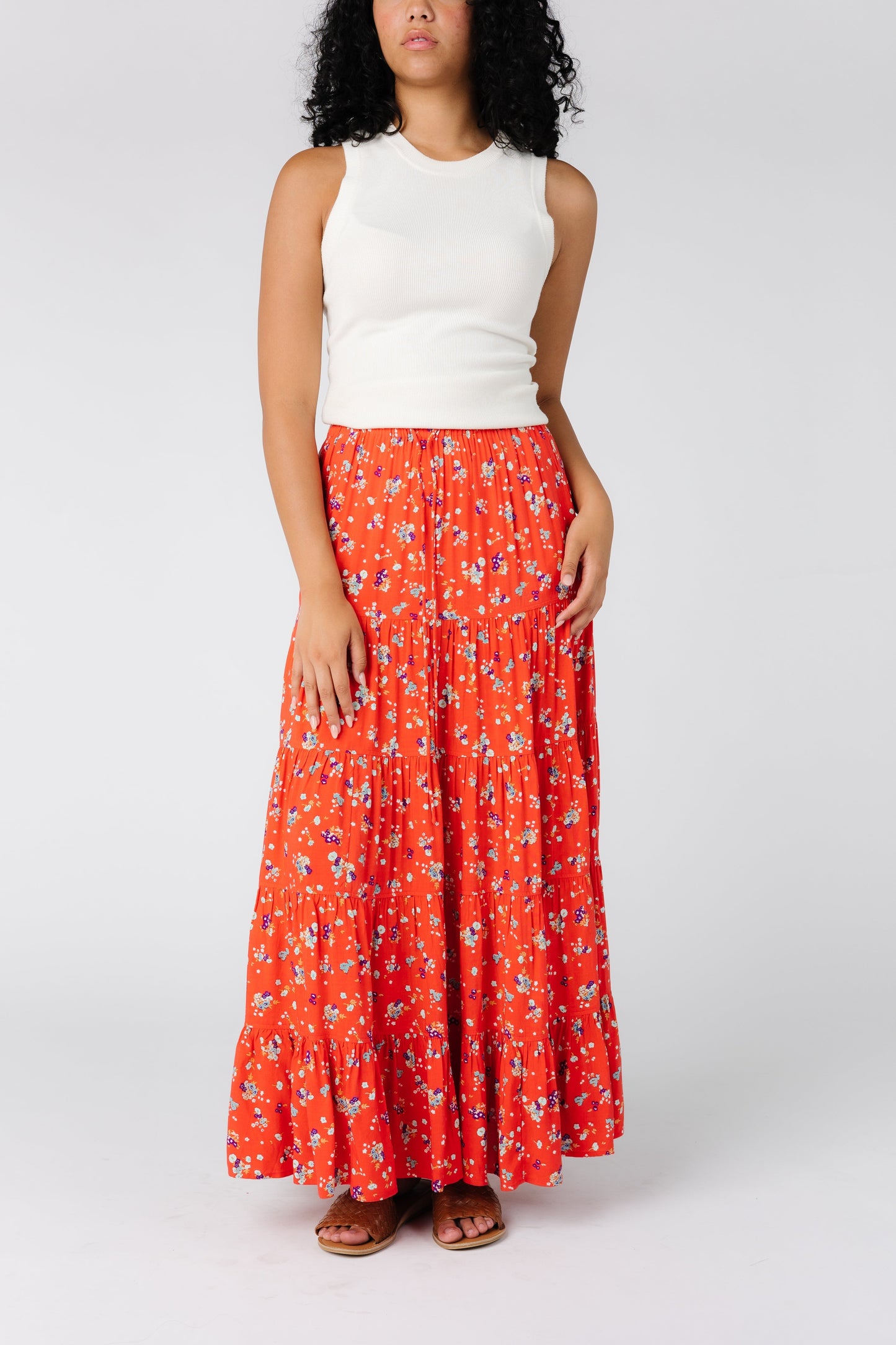 Coral print tiered midi skirt