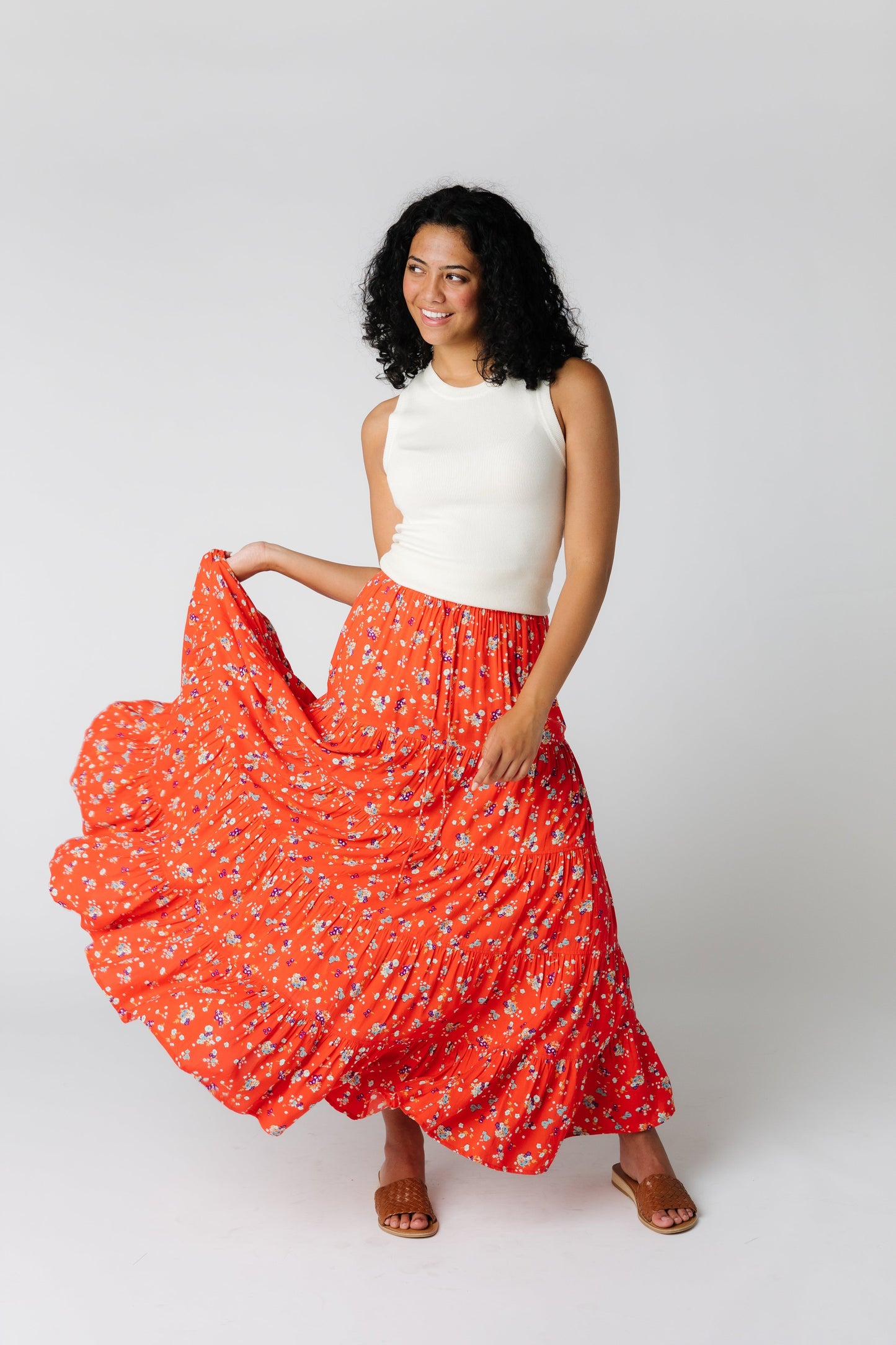 Cheerful coral very full print skirt