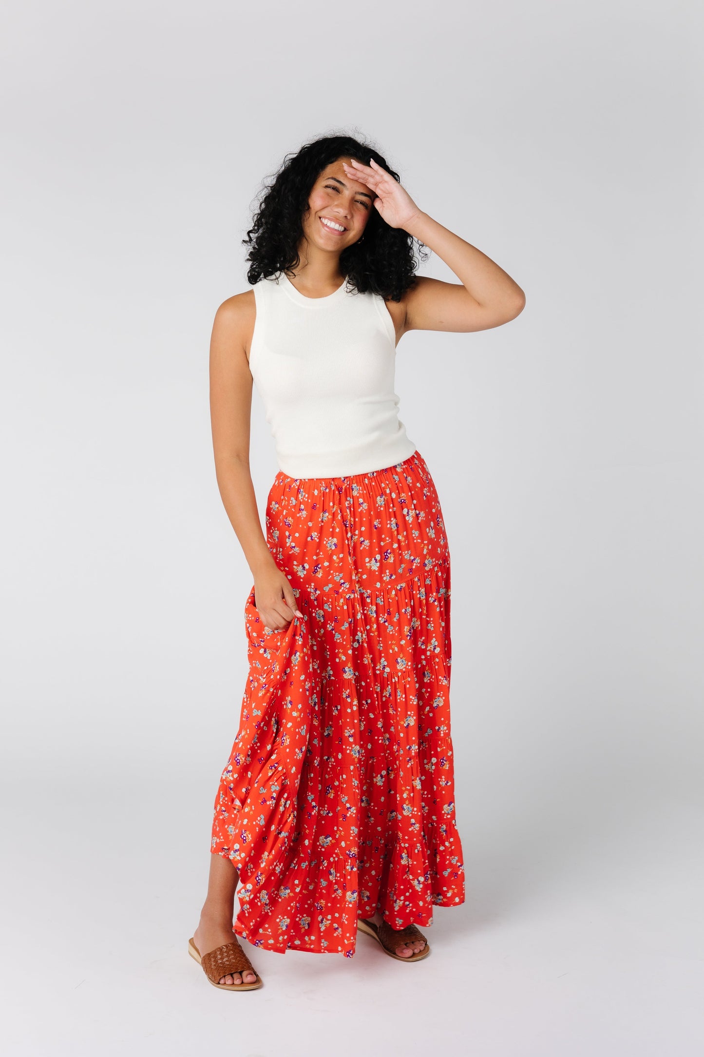 Front view of coral print maxi dress 