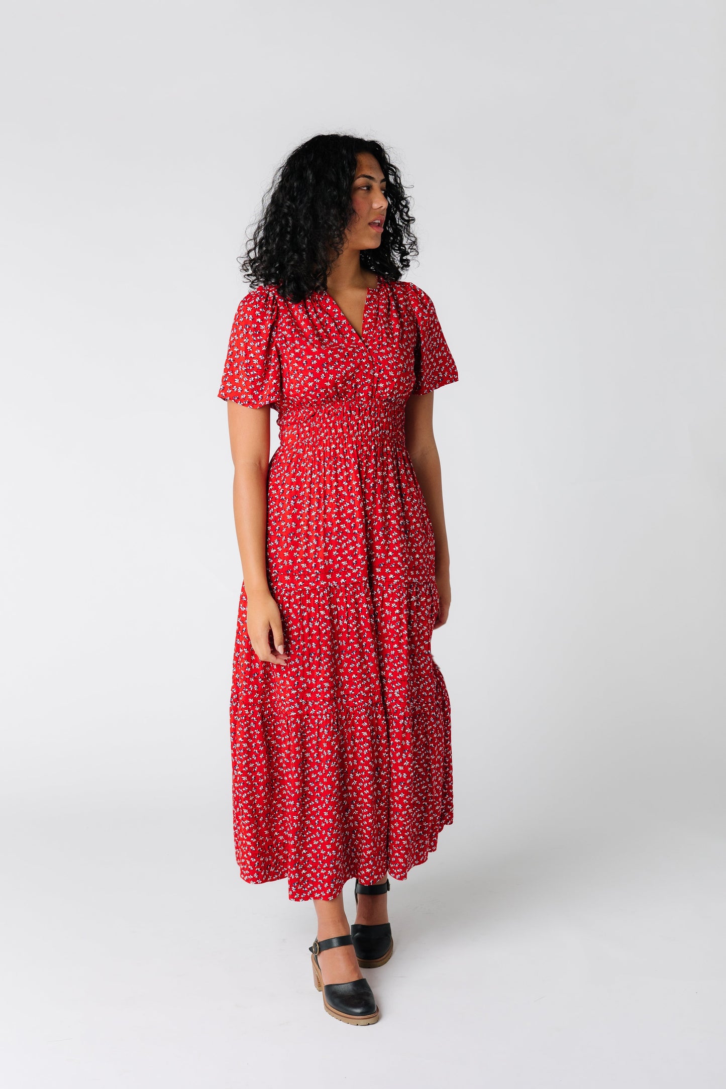 Red modest midi dress in lightweight floral print with short sleeves