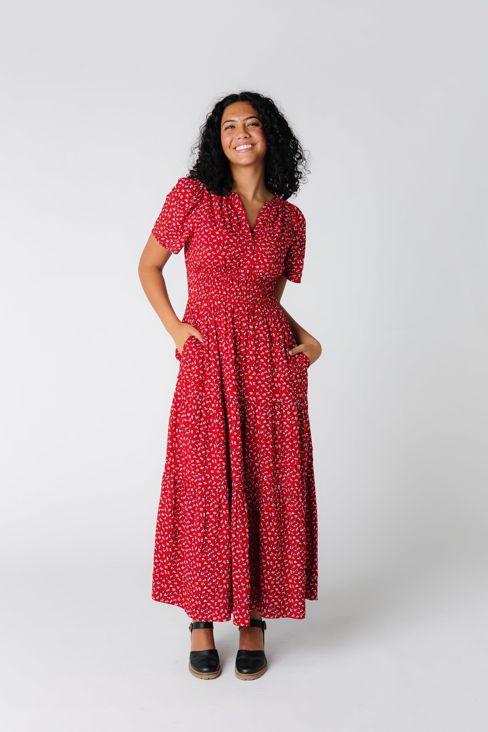 Red floral print midi dress 