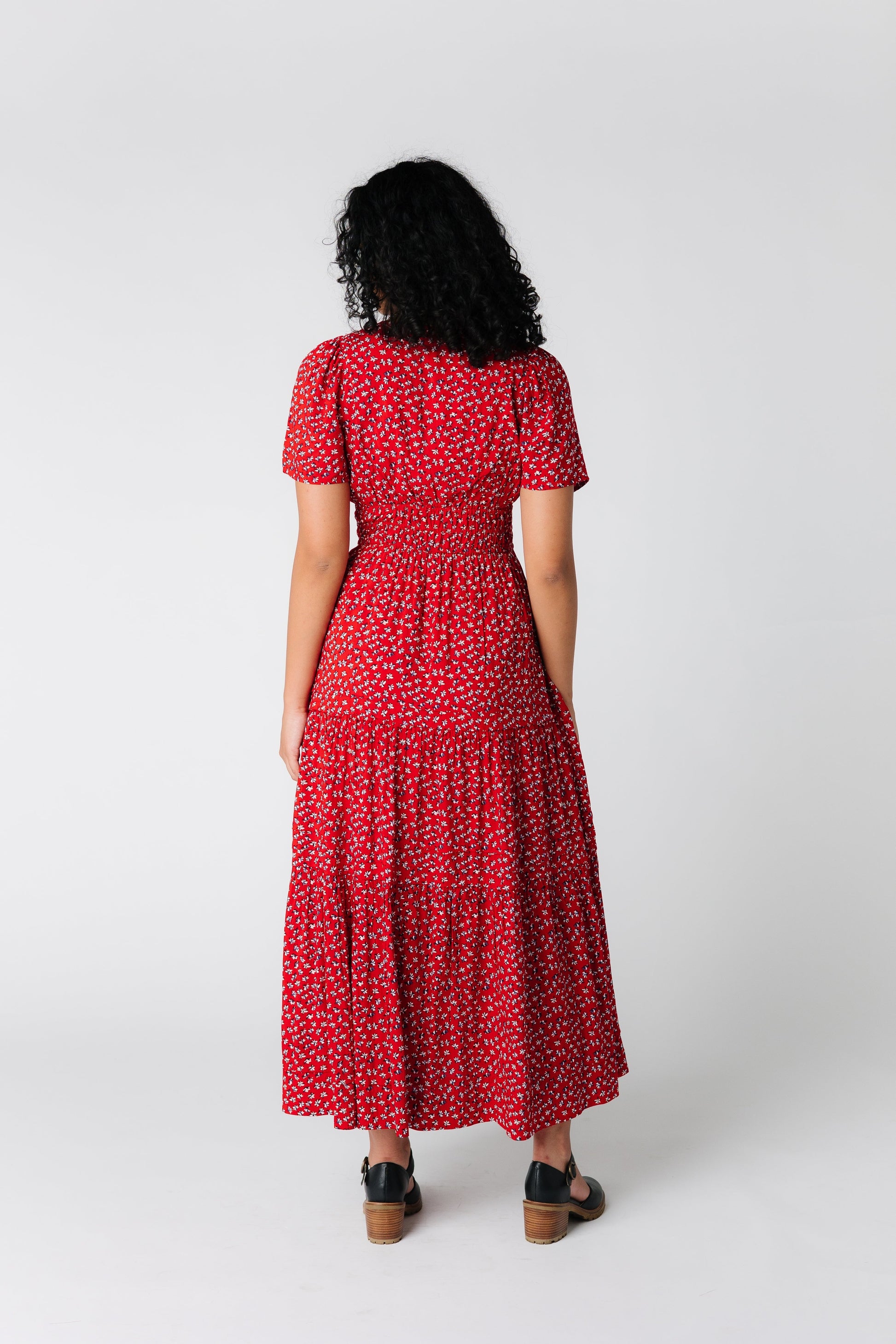 Back view of modest red midi dress