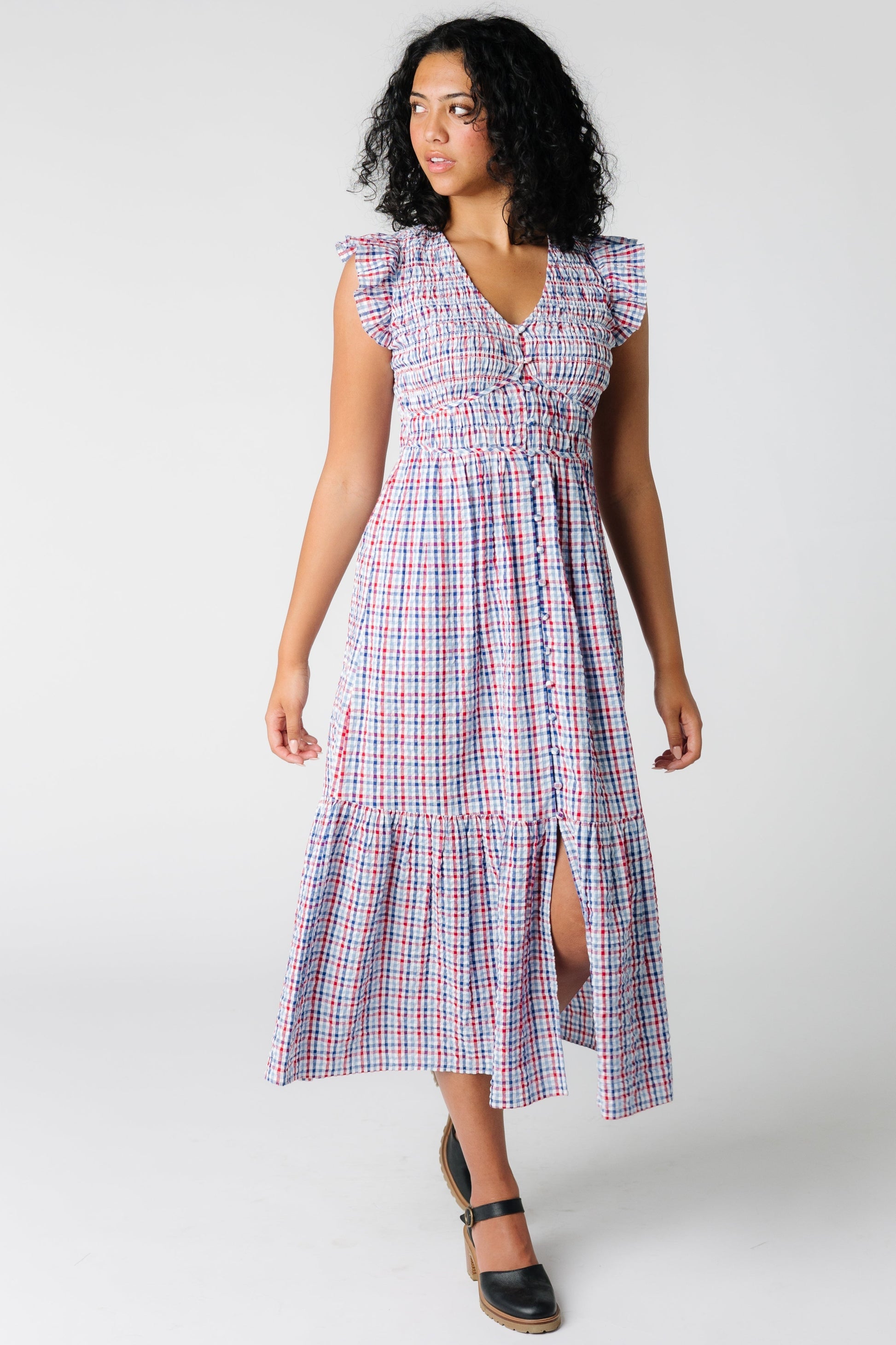 Citrus Indie Seersucker Midi Dress WOMEN'S DRESS Citrus Red/Wht/Blue XS 