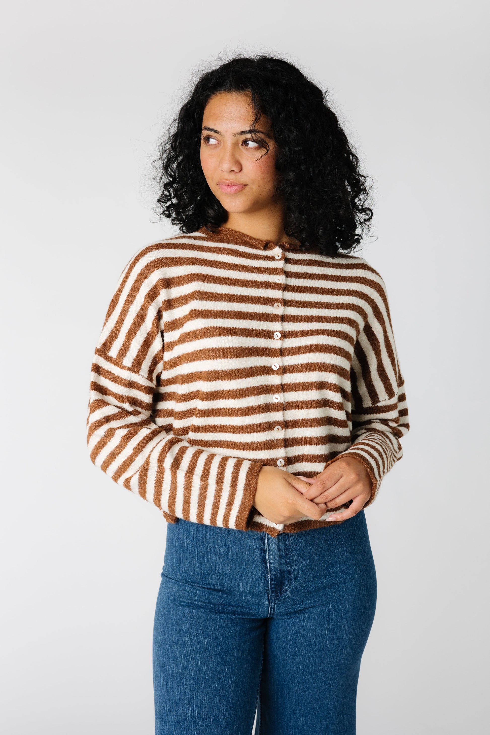 Aria Stripe Cardigan - Ivory & Brown WOMEN'S CARDIGAN Things Between 