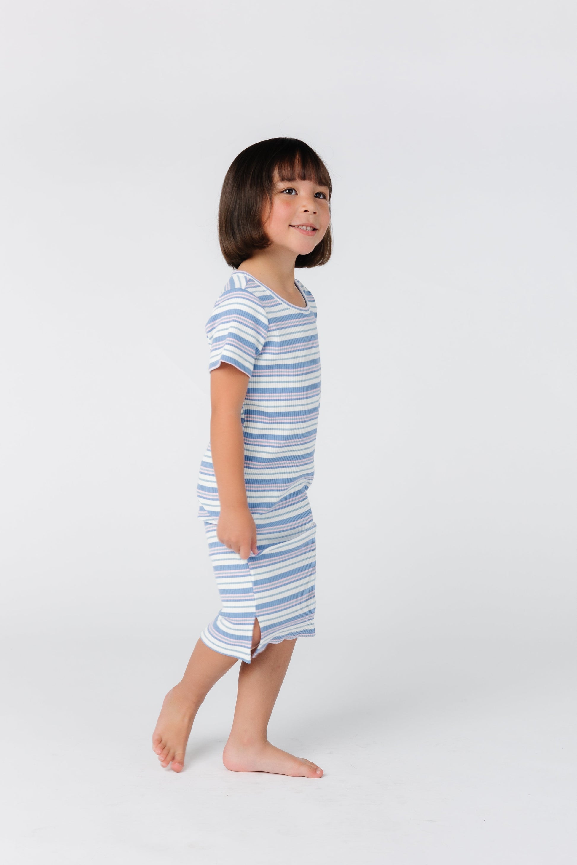 Side view of girl's stripe short sleeve t-shirt dress 