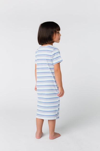 Back view of blue stripe girl's t-shirt dress