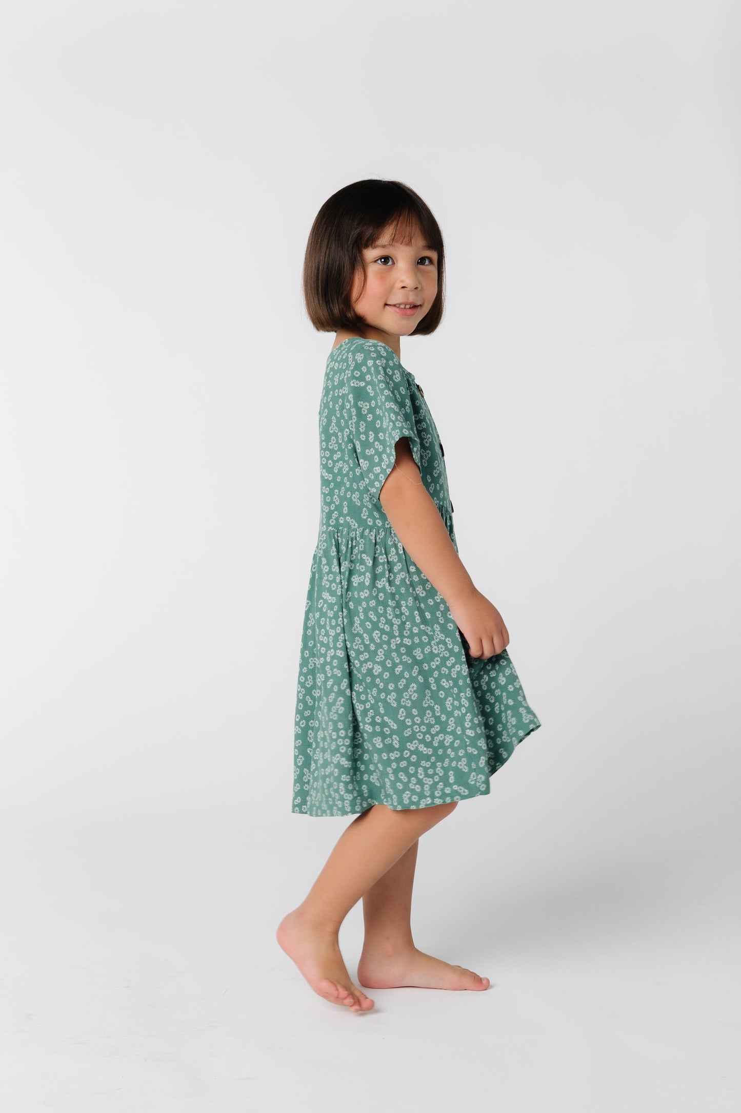 Short sleeve green floral print dress