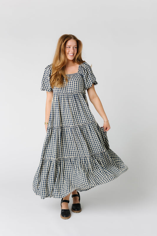 Modest tiered black gingham dress in black and white