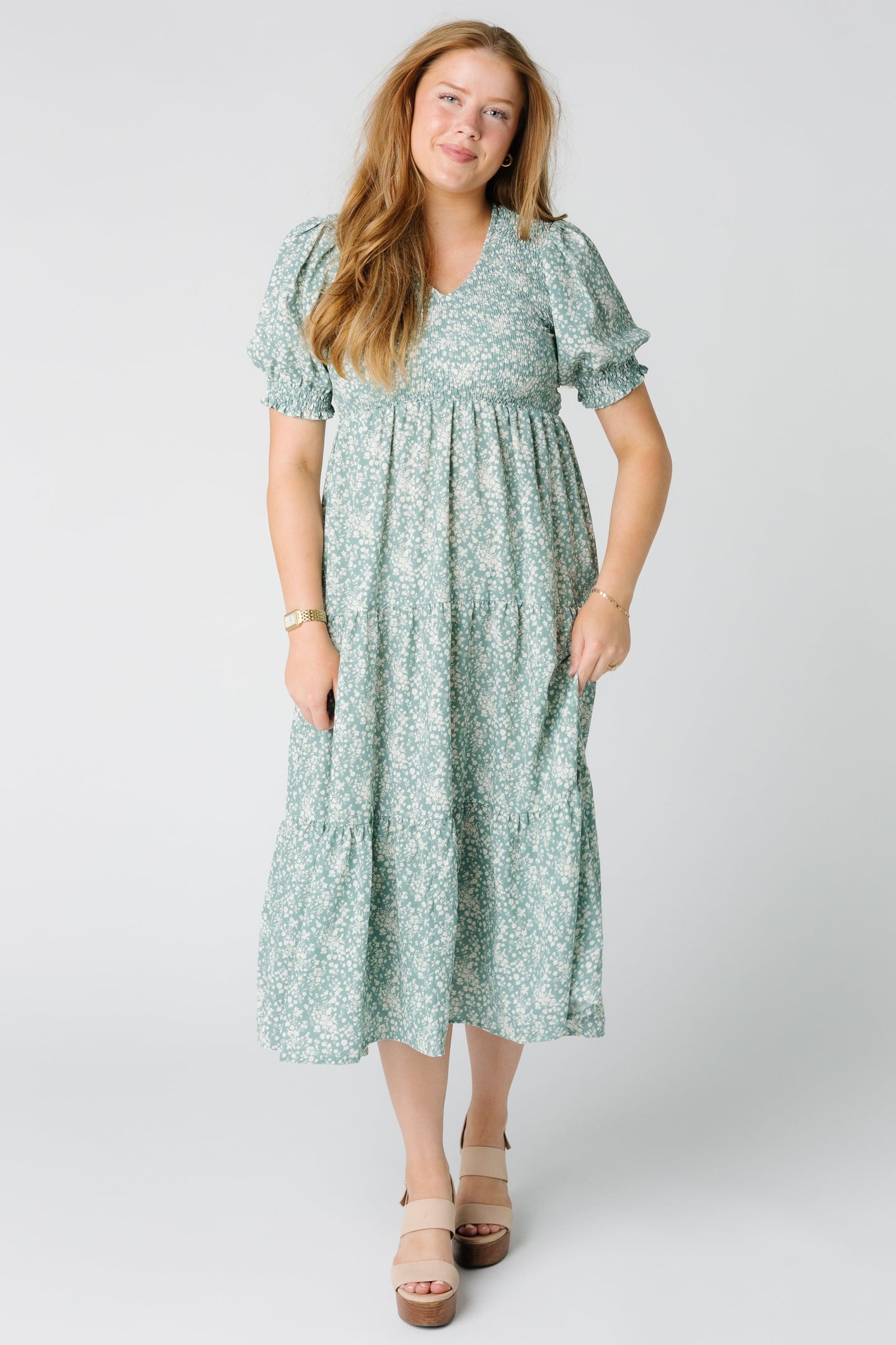 Dusty teal midi dress with smocked bodice