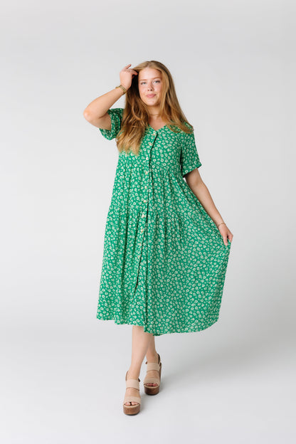 Modest V-neck green print dress with short sleeves and full skirt