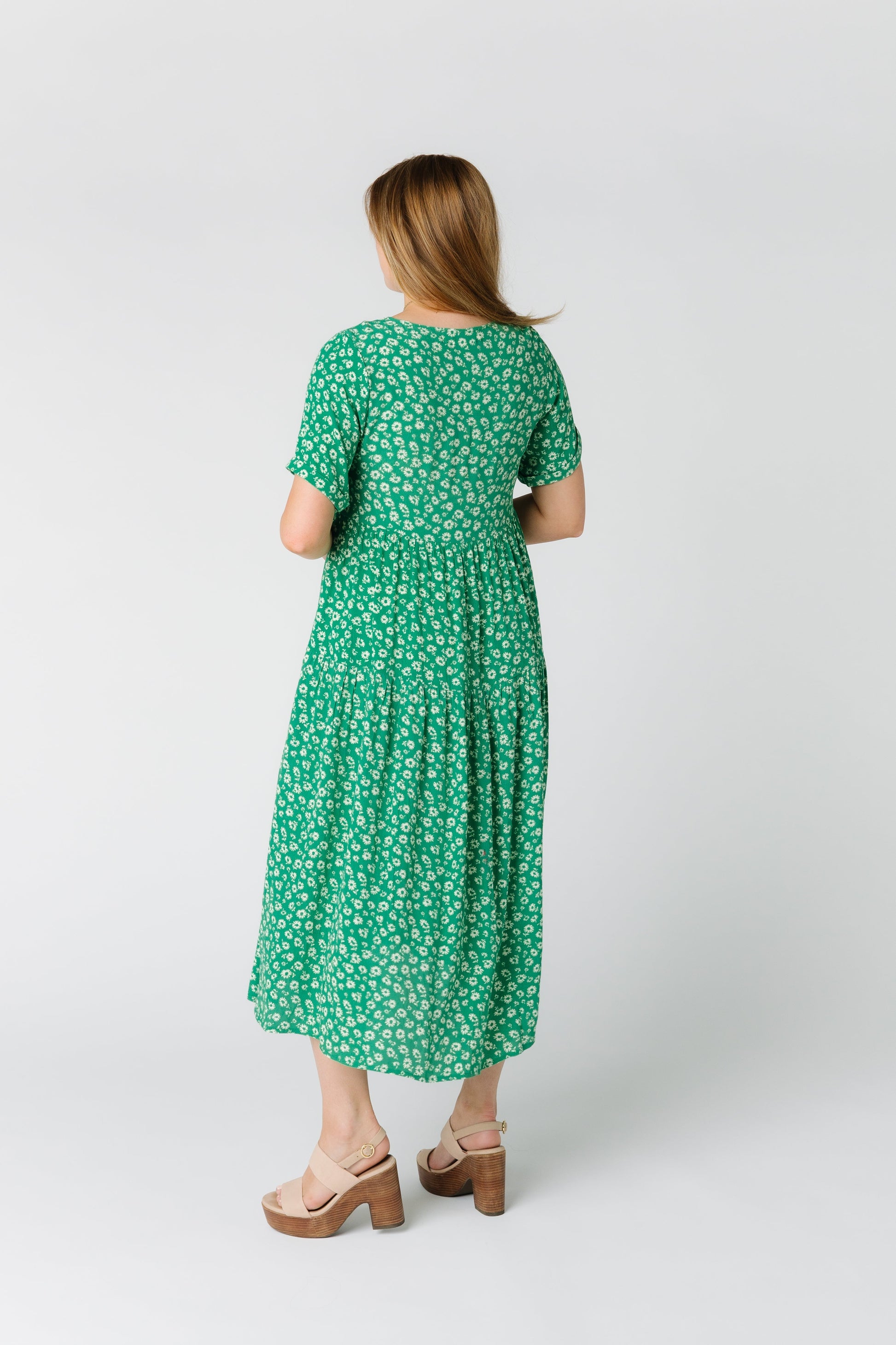 Back view of modest loose fitting button down dress