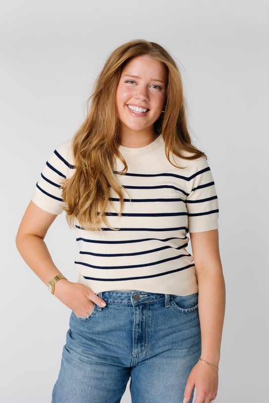 Cream short sleeve sweater with contrasting stripes