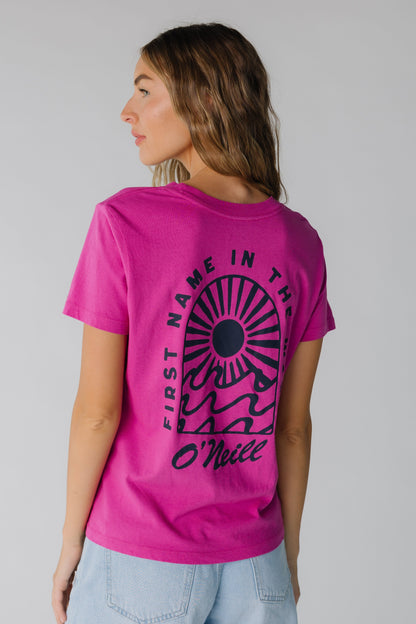 Back view of bright pink graphic tee by O'Neill