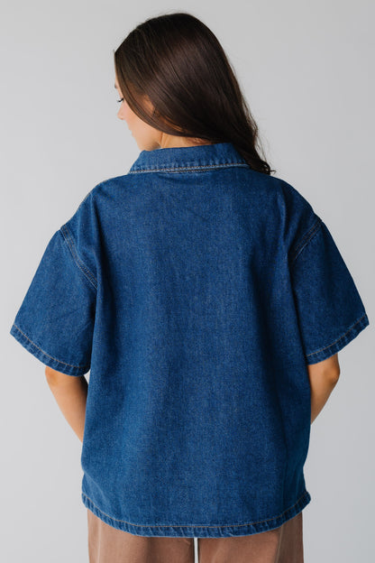 Back view loose fitting  women's dark denim shirt with short sleeves