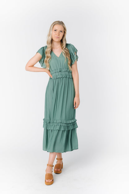 Ruffled Satin V-Neck Dress WOMEN'S DRESS Grade & Gather 