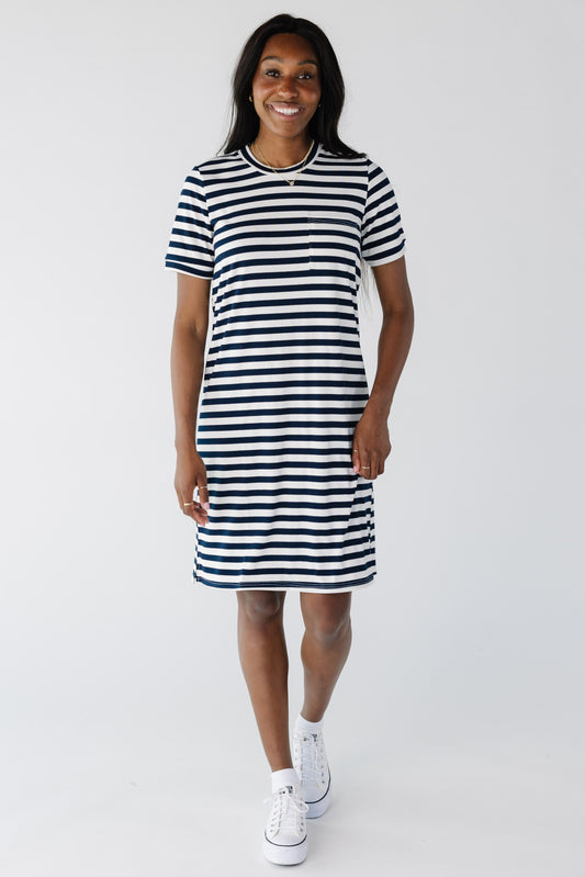 Modest t-shirt dress in navy and white stripe with crew neckline and short sleeves