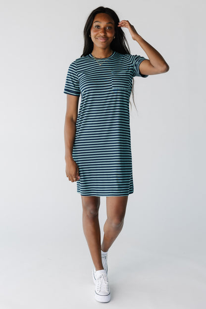 Modest t-shirt dress in blue and navy with crew neckline and short sleeves
