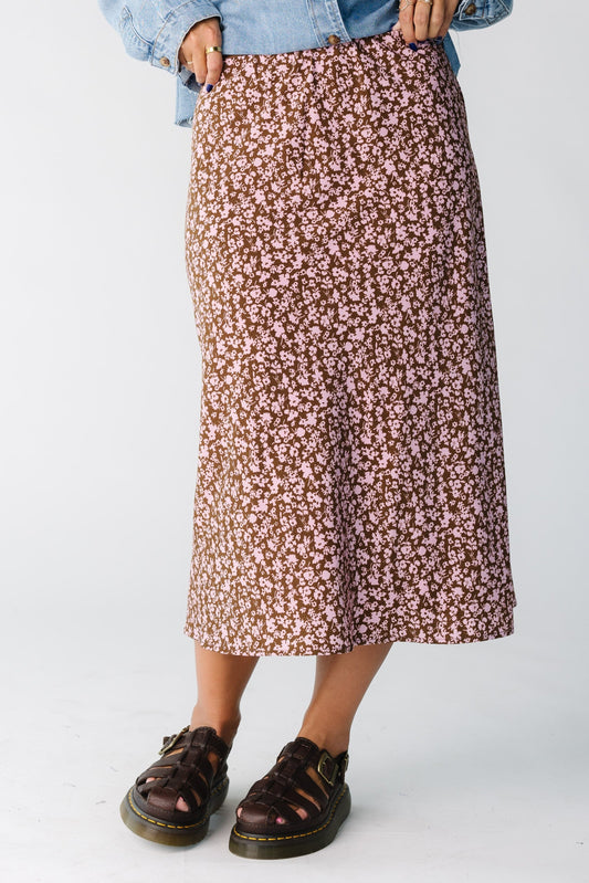 Brass & Roe Ellie Print Midi Skirt WOMEN'S SKIRTS brass & roe Brown/Pink XS 
