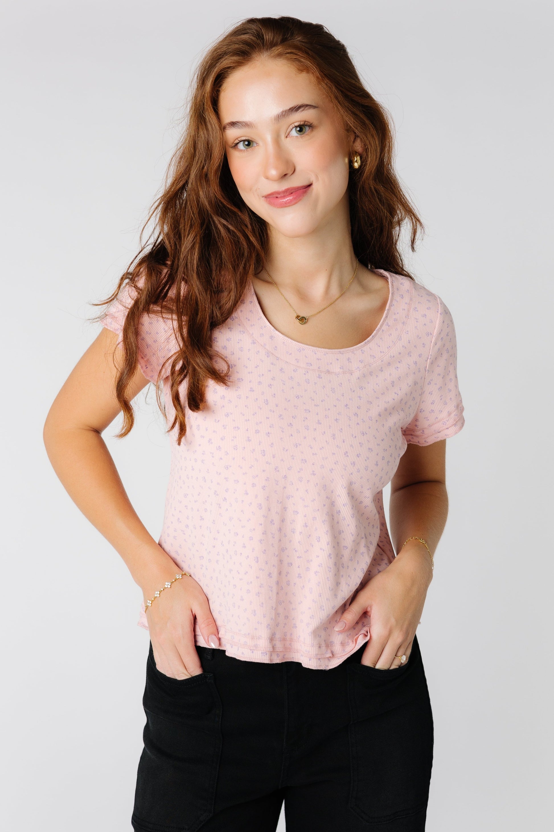 Brass & Roe Must Have Double Hem Tee WOMEN'S TOP brass & roe Baby Pink/Lavender Ditsy XS 