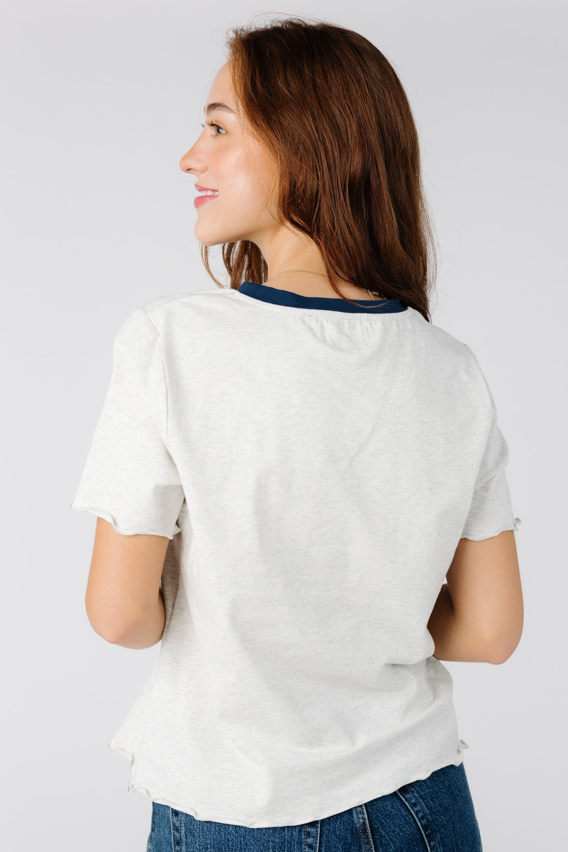 Back view of light grey tee