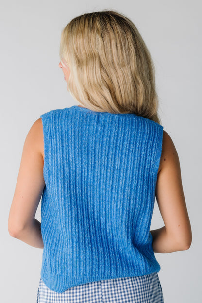 Back view of blue ribbed sweater vest
