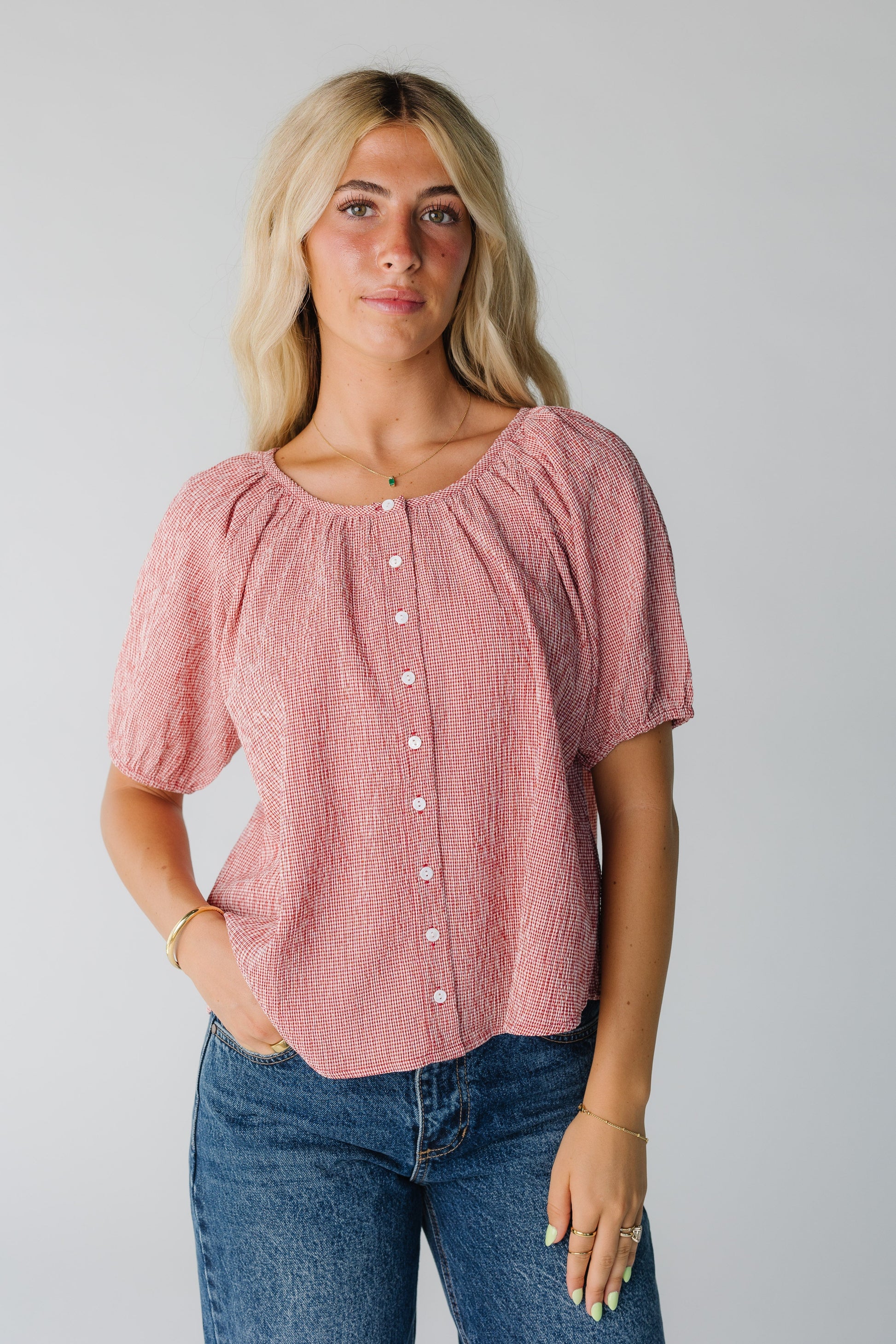 Brass & Roe Bree Textured Top WOMEN'S TOP brass & roe Red Check XS 