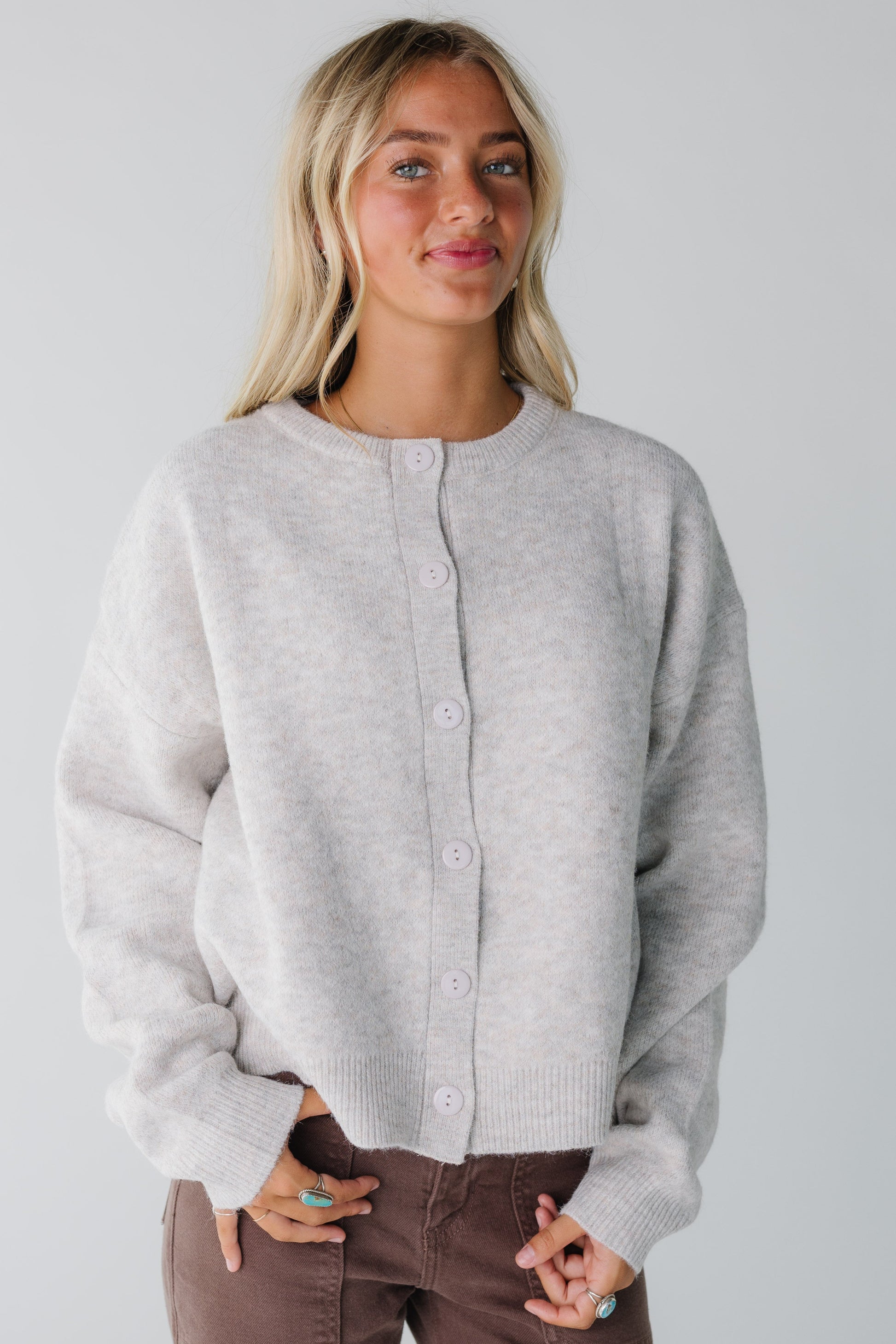 Modest women's heather oat button down cardigan