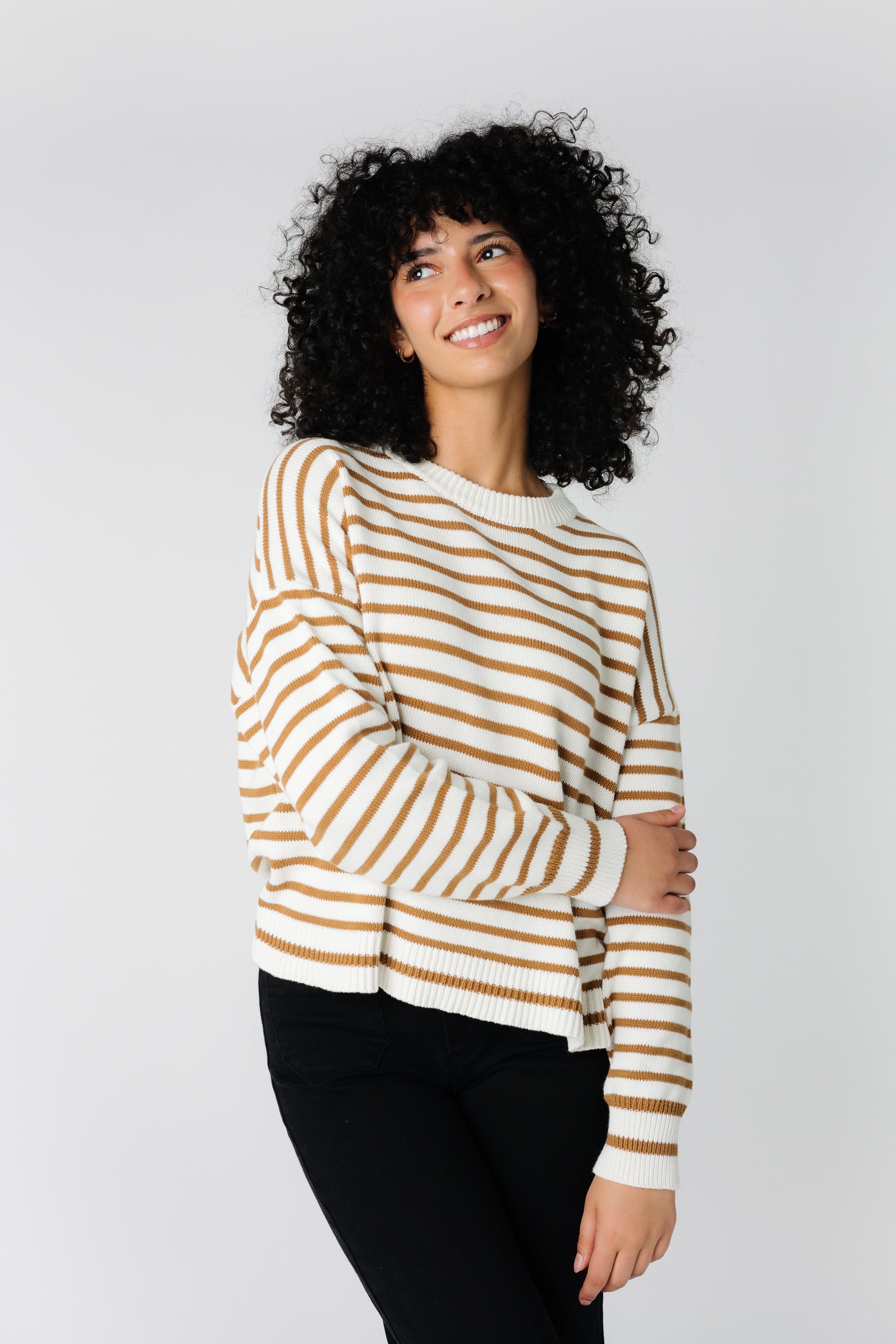 Modest Noah drop shoulder sweater with cinnamon brown stripes