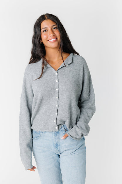 Aria heather grey button cardigan with round neckline and long sleeves