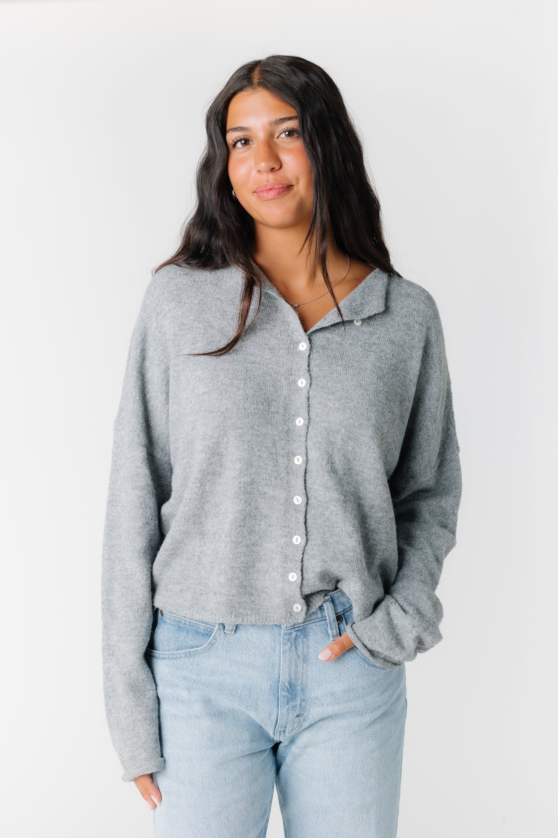 Heather light grey cardigan with rolled neckline and rolled hems