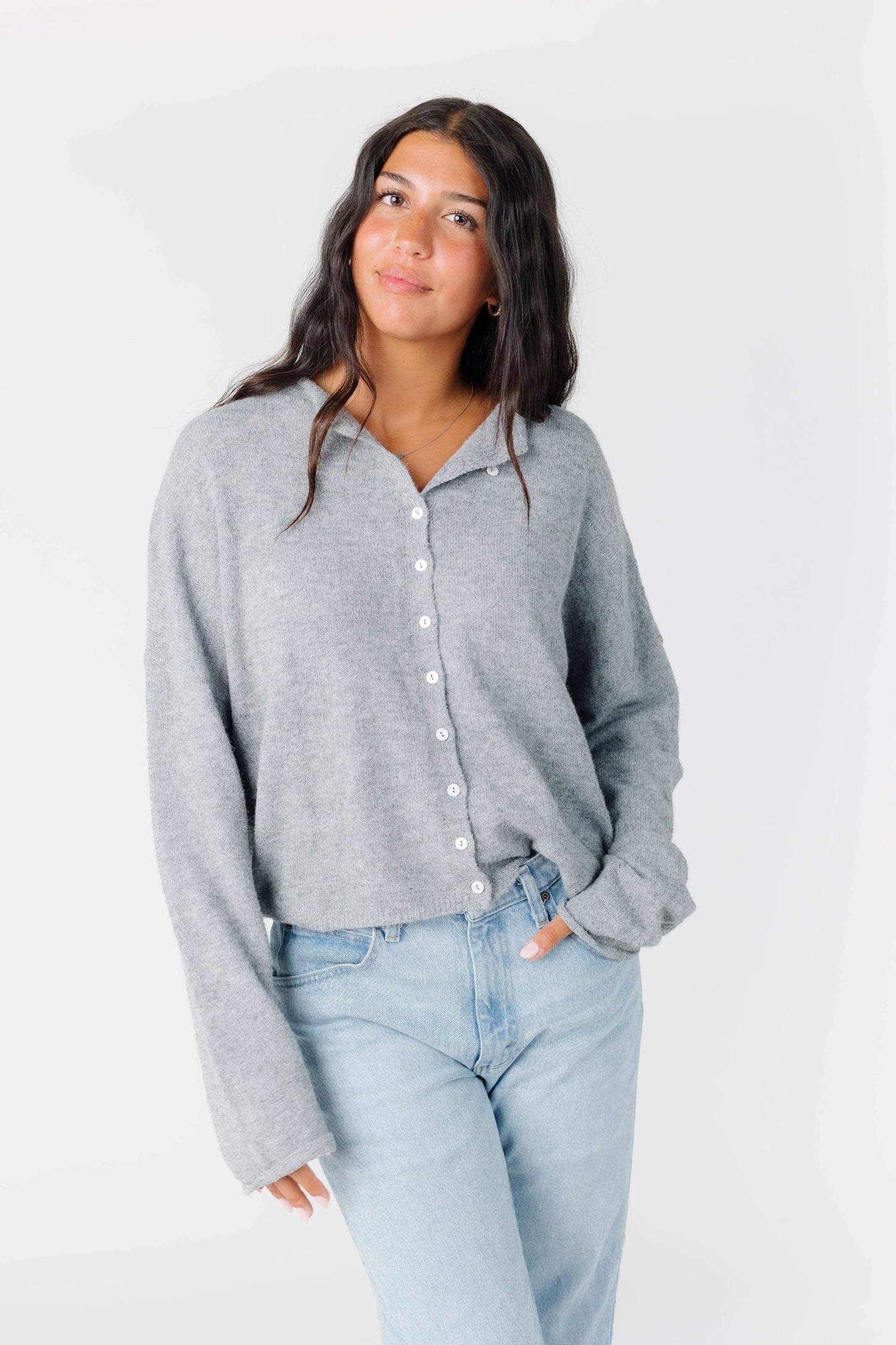 Modest heather grey Aria button down cardigan sweater