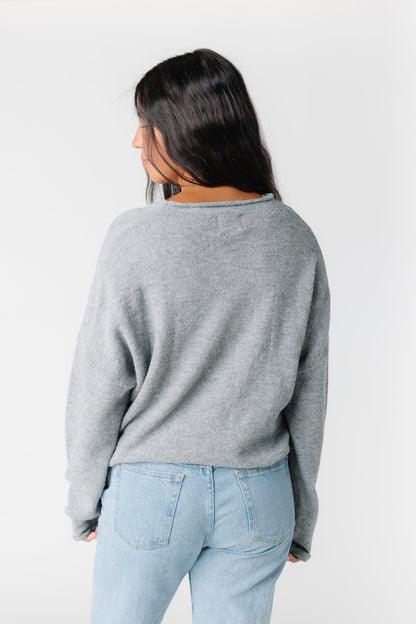 Back view of heather grey long sleeve cardigan