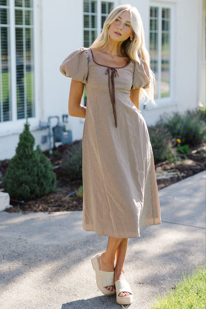 Rustic Charm Gingham Tie Dress in brown gingham for women and teenage girls.