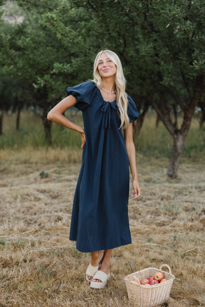 Brass & Roe Gingham Bow Dress in navy gingham for women & teen girls.