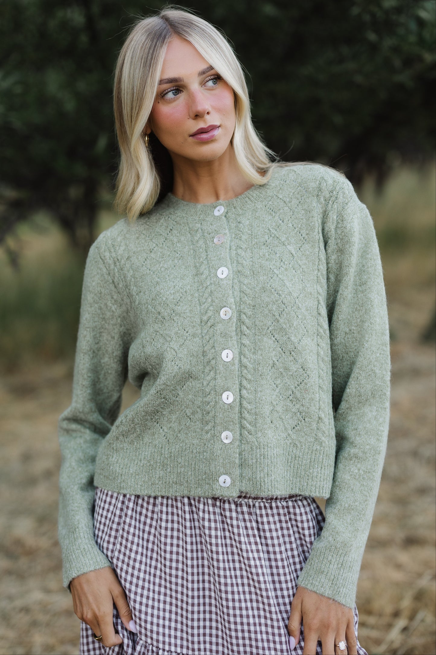 Letty Cable Knit Sweater in sage green for women and teen girls.
