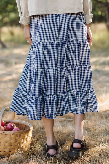Brass & Roe Gingham Tiered Skirt in navy & white gingham midi skirt for women and teenage girls.