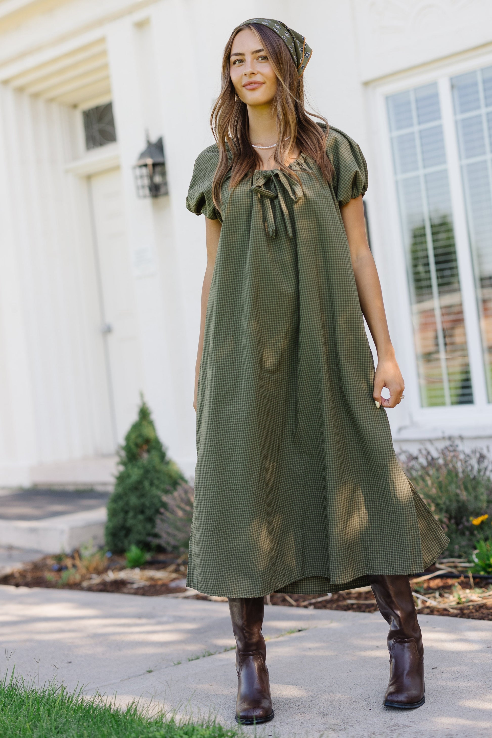 Brass & Roe Gingham Bow Dress in green gingham for women and teen girls.